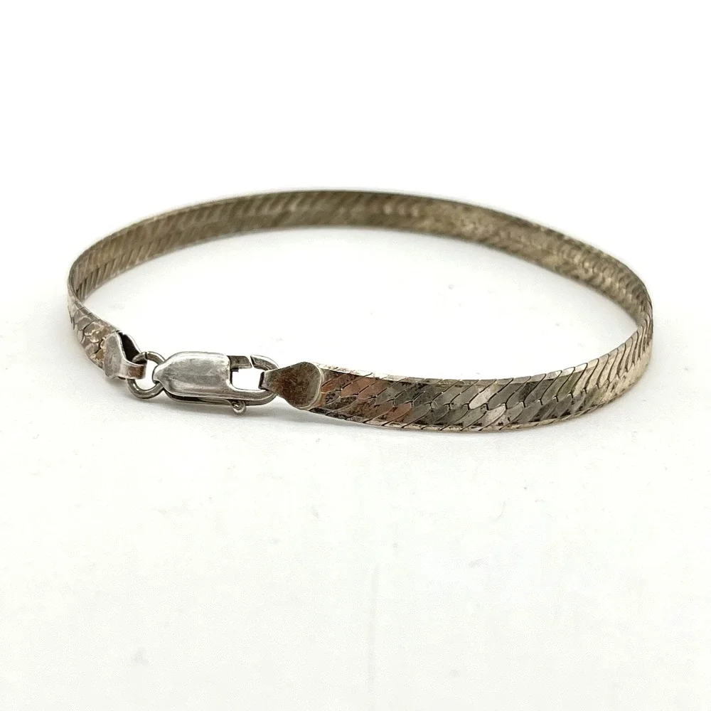 Vintage‎ Italy 925 Sterling Silver Herringbone Bracelet 8 Inches